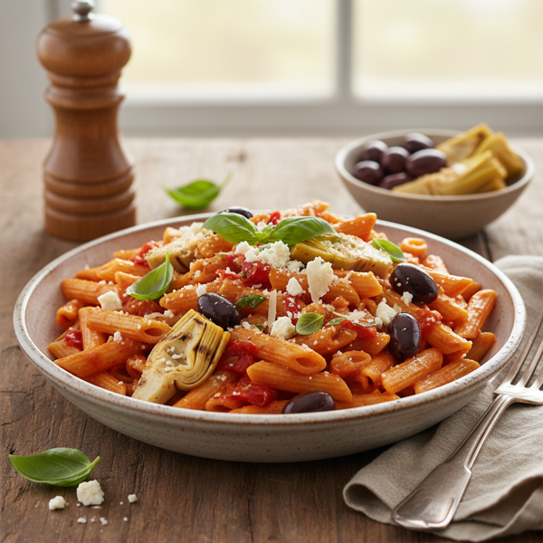 Creamy Roasted Red Pepper Penne with Artichokes and Olives recipe
