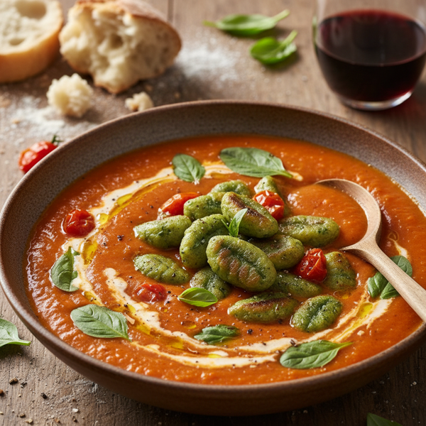 Creamy Roasted Red Pepper & Tomato Basil Soup with Spinach Gnocchi recipe
