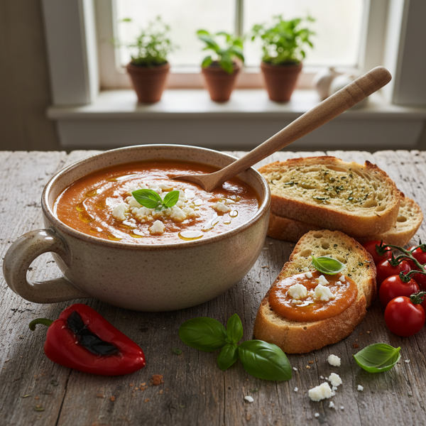 Creamy Roasted Red Pepper & Tomato Soup with Feta recipe