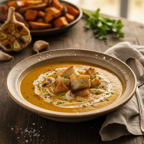 Creamy Roasted Sweet Potato & Garlic Soup recipe
