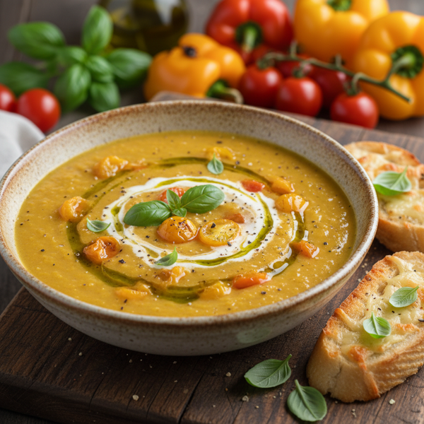 Creamy Roasted Yellow Tomato and Pepper Basil Bisque recipe