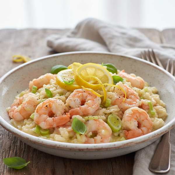 Creamy Rock Shrimp and Leek Risotto with Meyer Lemon and Basil recipe