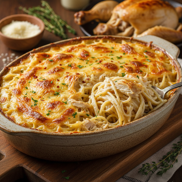 Creamy Rotisserie Chicken Spaghetti Bake recipe