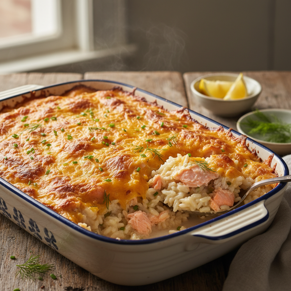 Creamy Salmon and Cheddar Rice Bake recipe