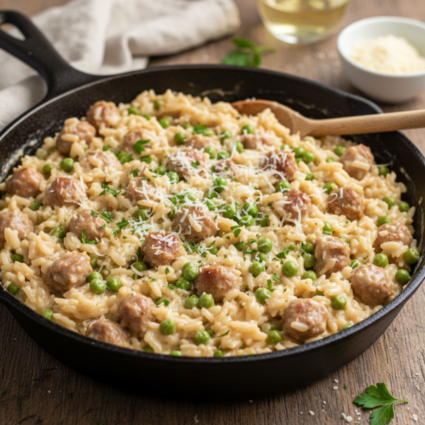 Creamy Sausage and Pea Rice Skillet recipe