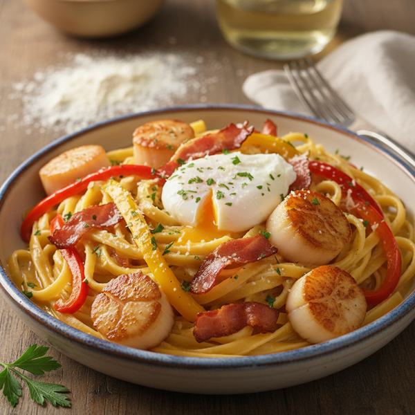 Creamy Scallop Carbonara with Bacon and Roasted Peppers recipe