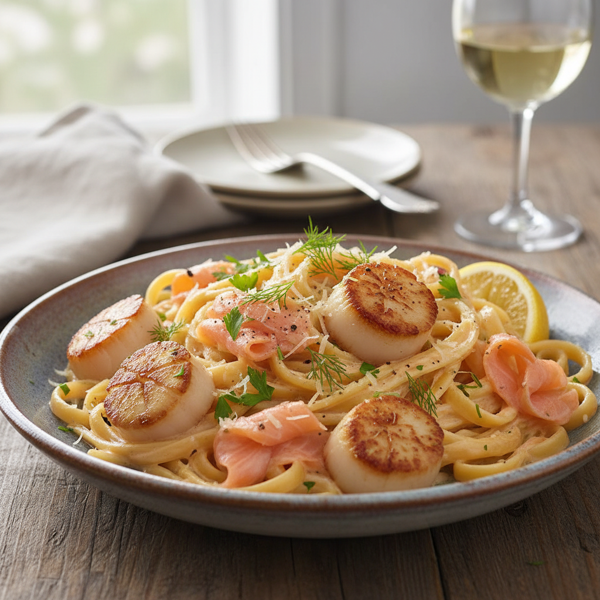 Creamy Scallop and Smoked Salmon Fettuccine recipe