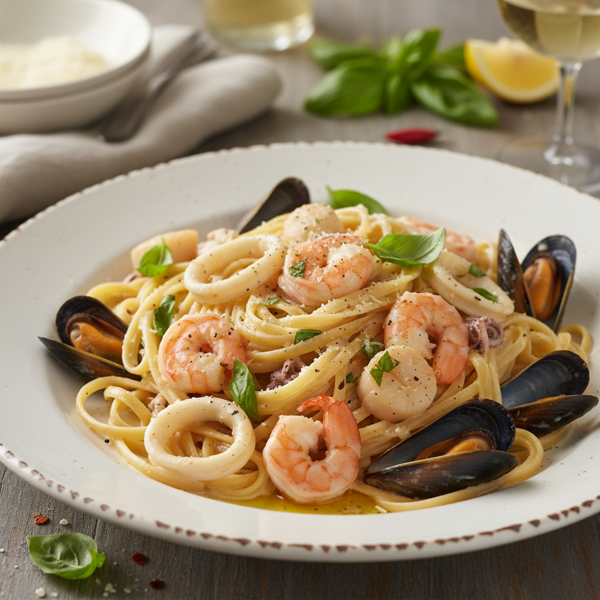Creamy Seafood Basil Alfredo Linguine recipe