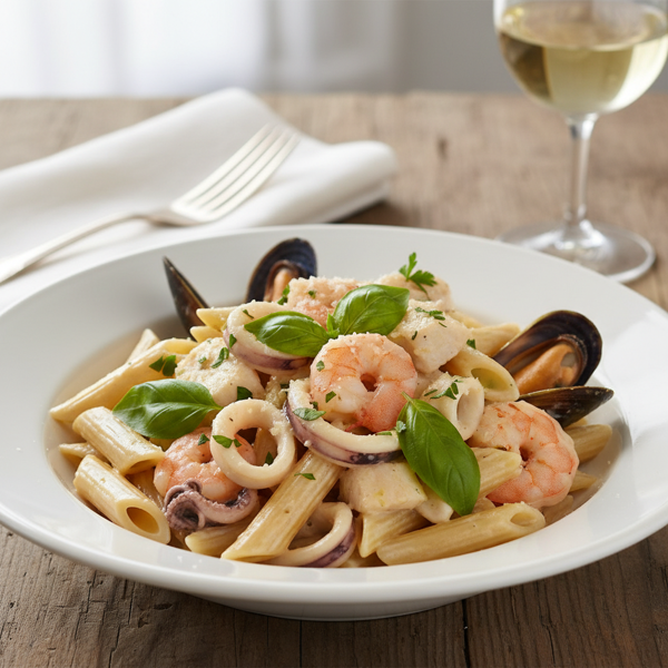 Creamy Seafood Penne Alfredo recipe