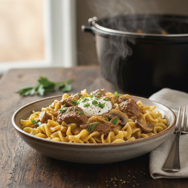 Creamy Slow Cooker Beef Stroganoff Delight recipe