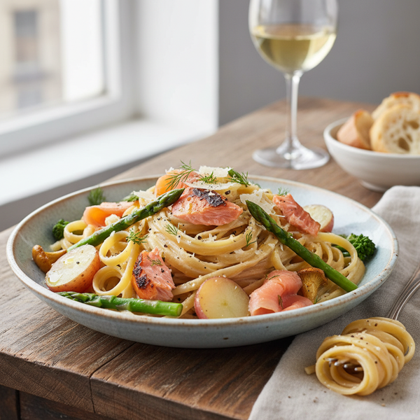 Creamy Smoked Salmon Fettuccine Alfredo with Northwest Vegetables recipe