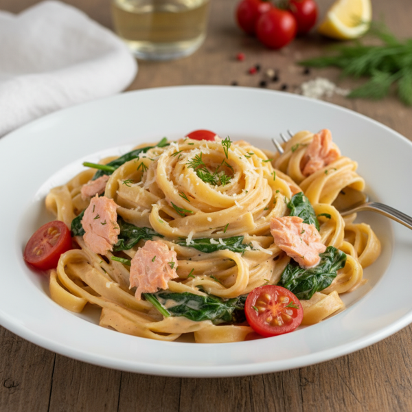 Creamy Smoked Salmon Fettuccine with Fresh Spinach and Tomatoes recipe