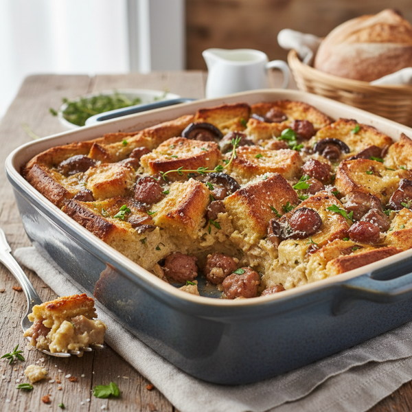 Creamy Sourdough Mushroom & Maple Sausage Strata recipe