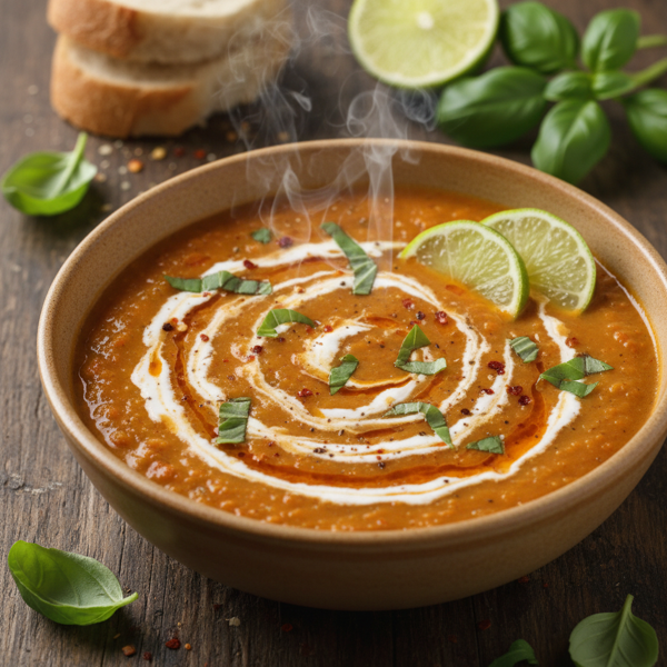 Creamy Spicy Red Lentil Coconut Soup with Lime and Basil recipe