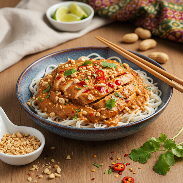 Creamy Spicy Thai Peanut Chicken with Rice Noodles recipe