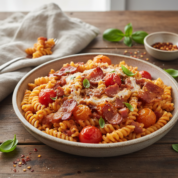Creamy Spicy Tomato Bacon Pasta recipe