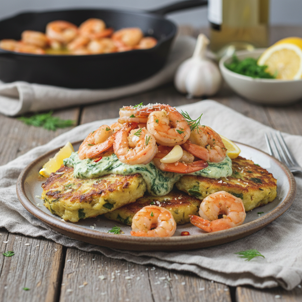 Creamy Spinach Artichoke Potato Cakes with Savory Shrimp Scampi recipe