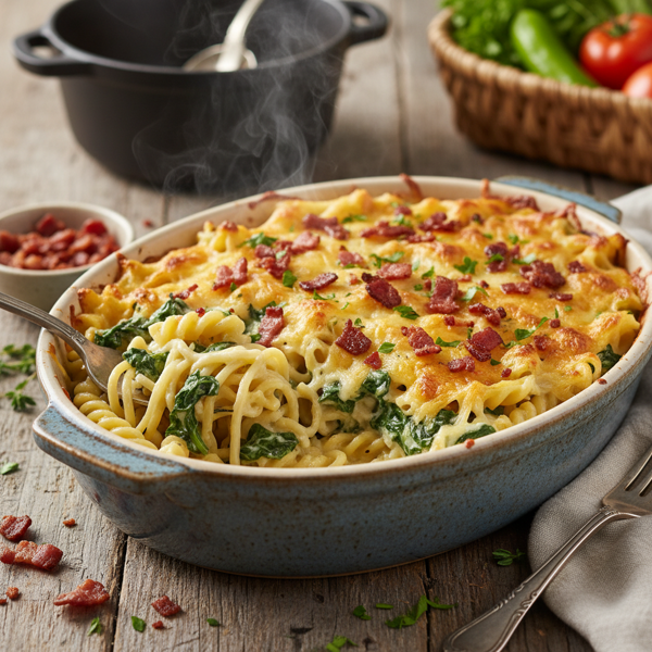 Creamy Spinach Bacon Noodle Bake recipe