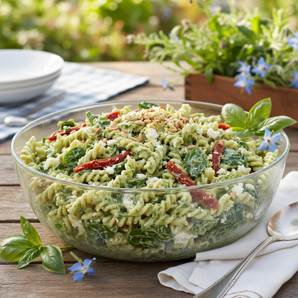 Creamy Spinach Basil Ziti Salad recipe