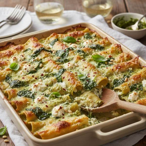 Creamy Spinach Pesto Manicotti Bake recipe