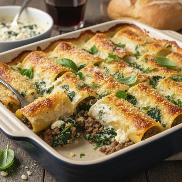 Creamy Spinach & Savory Ground Meat Manicotti recipe