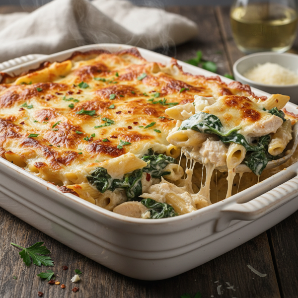 Creamy Spinach & Three Cheese Chicken Penne Bake recipe