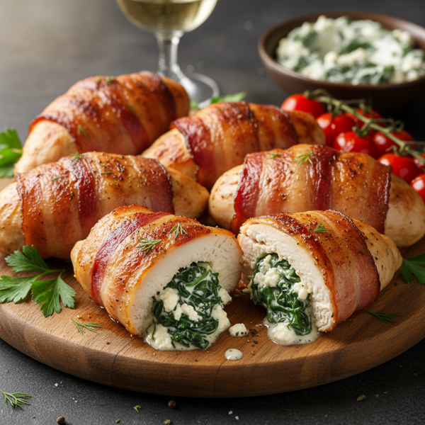 Creamy Spinach and Feta Stuffed Chicken Wrapped in Bacon recipe