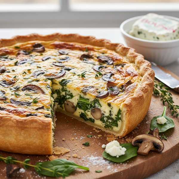 Creamy Spinach and Mushroom Boursin Quiche recipe