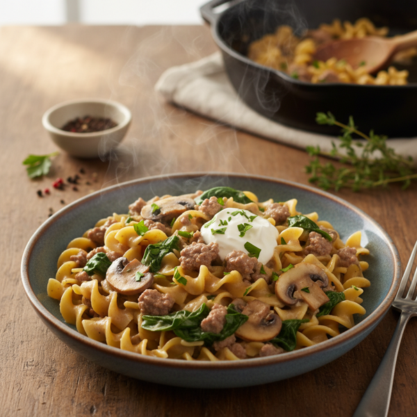 Creamy Spinach and Mushroom Stroganoff with Ground Sirloin recipe