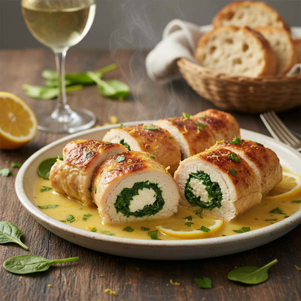 Creamy Spinach and Ricotta Chicken Rolls in Lemony White Wine Sauce recipe