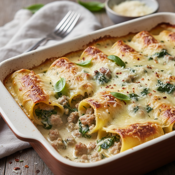 Creamy Spinach and Sausage Stuffed Manicotti recipe