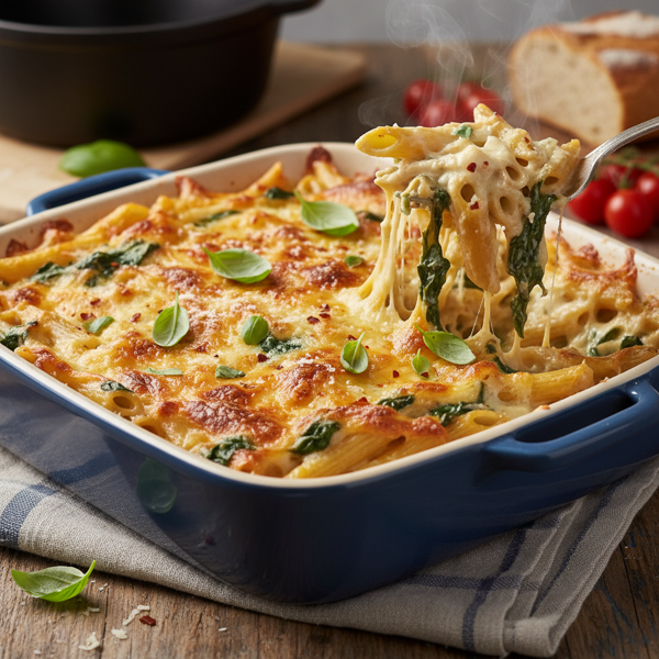 Creamy Spinach and Three-Cheese Chicken Penne Bake recipe