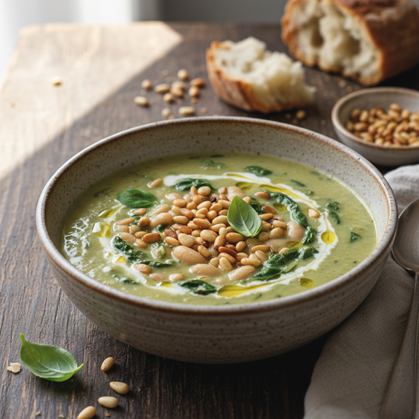 Creamy Spinach and White Bean Soup with Toasted Pine Nuts recipe