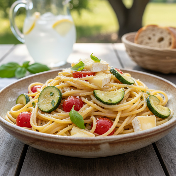 Creamy Summer Spaghetti with Zucchini, Tomatoes, and Brie recipe