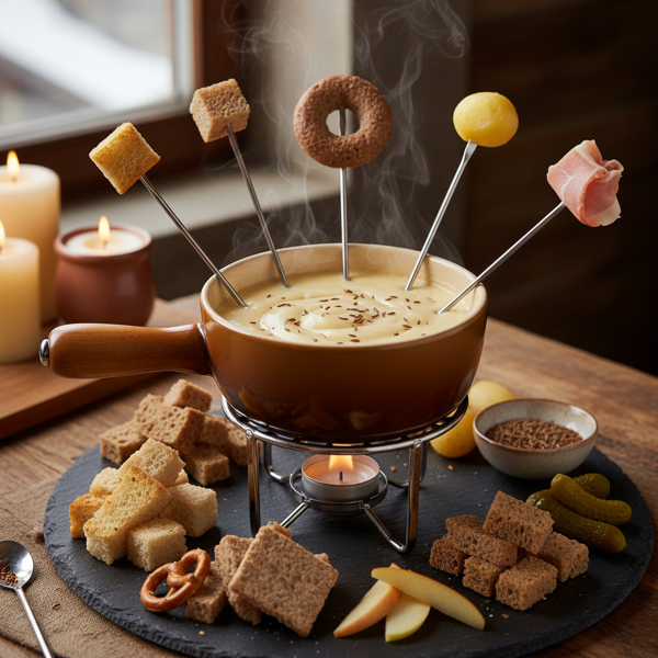 Creamy Swiss Fondue with Caraway and Rye Dippers recipe