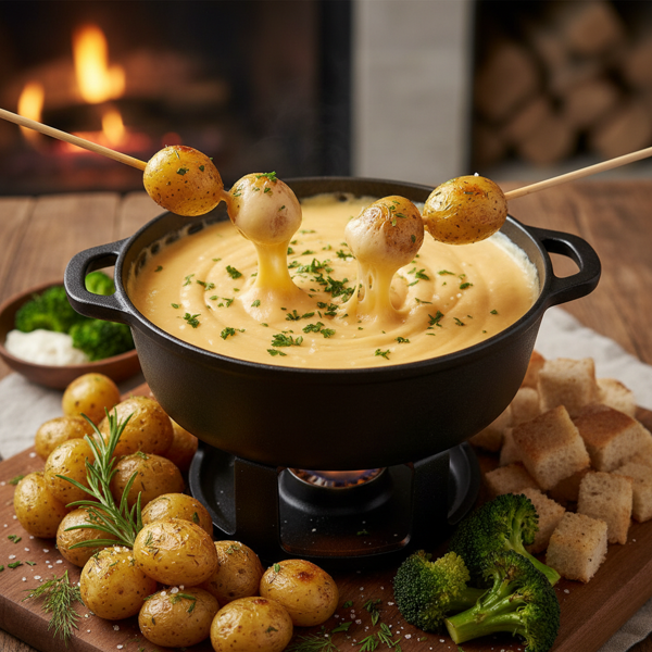 Creamy Three-Cheese Fondue with Herbed New Potatoes recipe