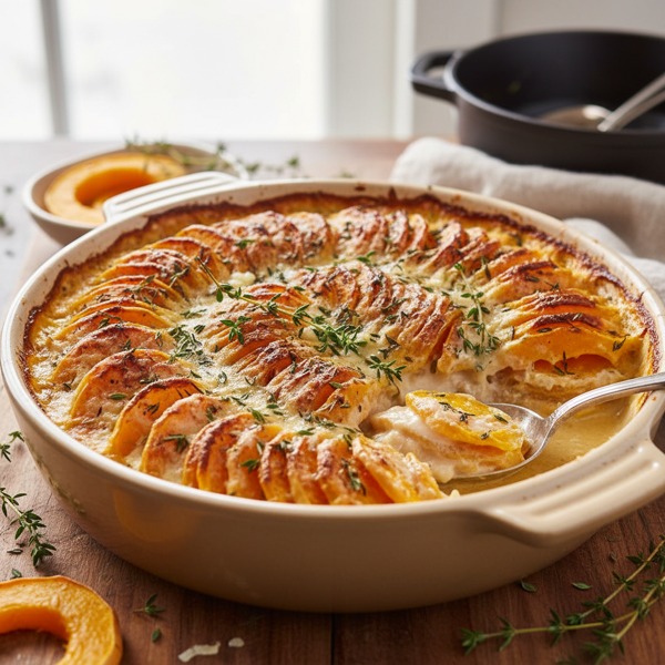 Creamy Thyme-Infused Scalloped Butternut Squash recipe