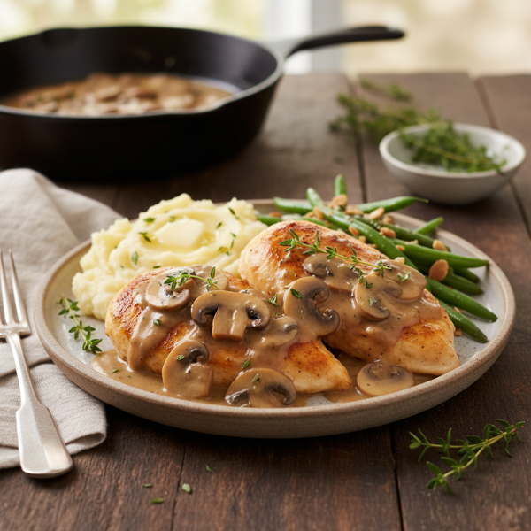 Creamy Thyme-Infused Smothered Chicken with Mushroom Gravy recipe