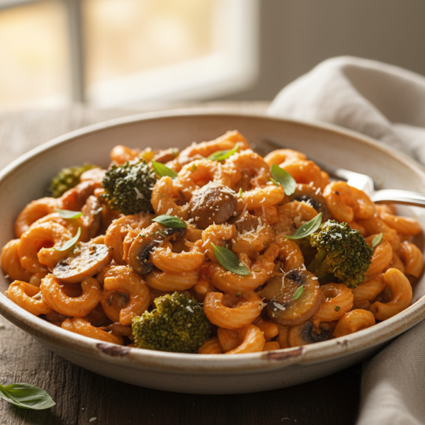 Creamy Tomato Pasta with Mushrooms and Broccoli recipe