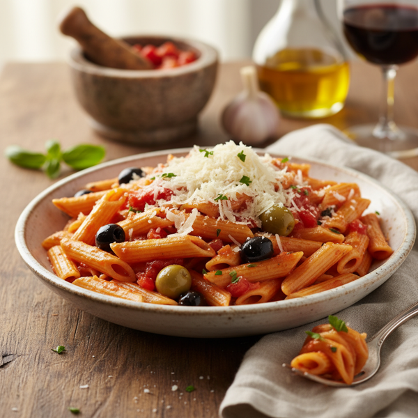 Creamy Tomato Penne with Olives and Parmesan recipe