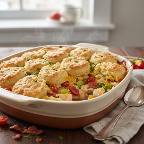 Creamy Turkey Club Casserole with Biscuit Topping recipe