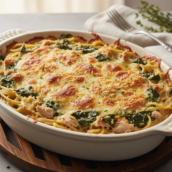 Creamy Turkey Tetrazzini Florentine Bake recipe