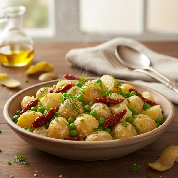 Creamy Warm Potato Salad with Peas and Sun-Dried Tomatoes recipe