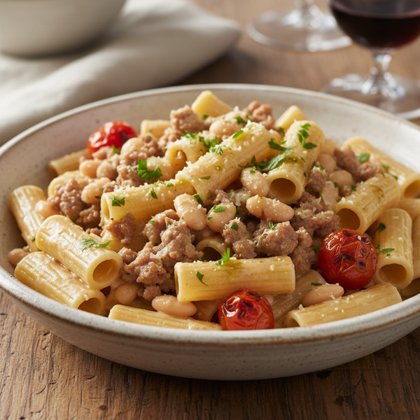 Creamy White Bean & Sausage Rigatoni recipe
