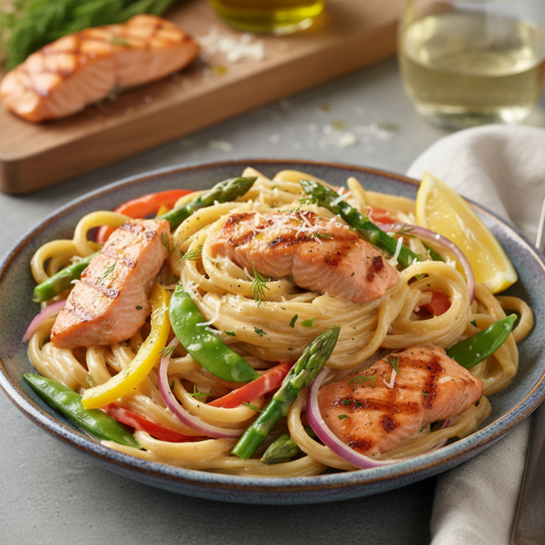 Creamy Wild Alaskan Salmon and Veggie Fettuccine recipe