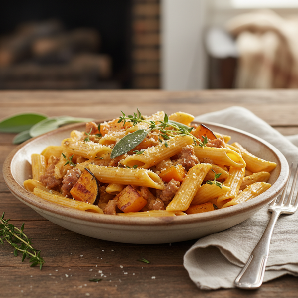 Creamy Winter Squash & Sausage Penne Delight recipe