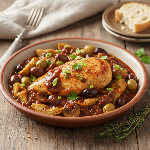 Creole-Style Chicken with Mushroom, Olive, and Artichoke Medley recipe