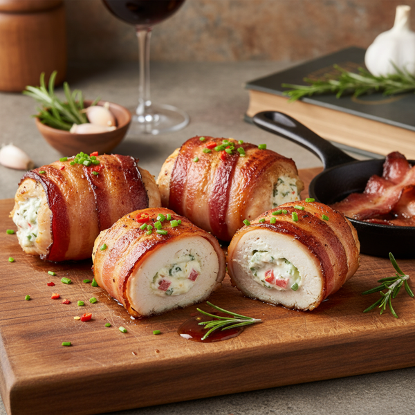 Crispy Bacon-Wrapped Cream Cheese-Stuffed Chicken Rolls recipe