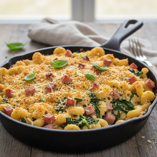 Crispy Baked Cavatappi with Spinach and Savory Ham recipe