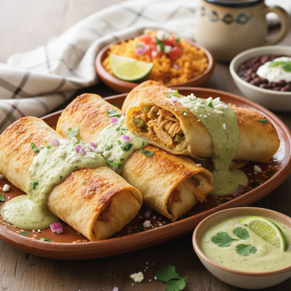 Crispy Baked Chicken Chimichangas with Creamy Green Chili Sauce recipe
